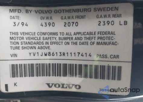 1994 Volvo 940 z USA, uszkodzony, nr VIN YV1JW8613R1117414